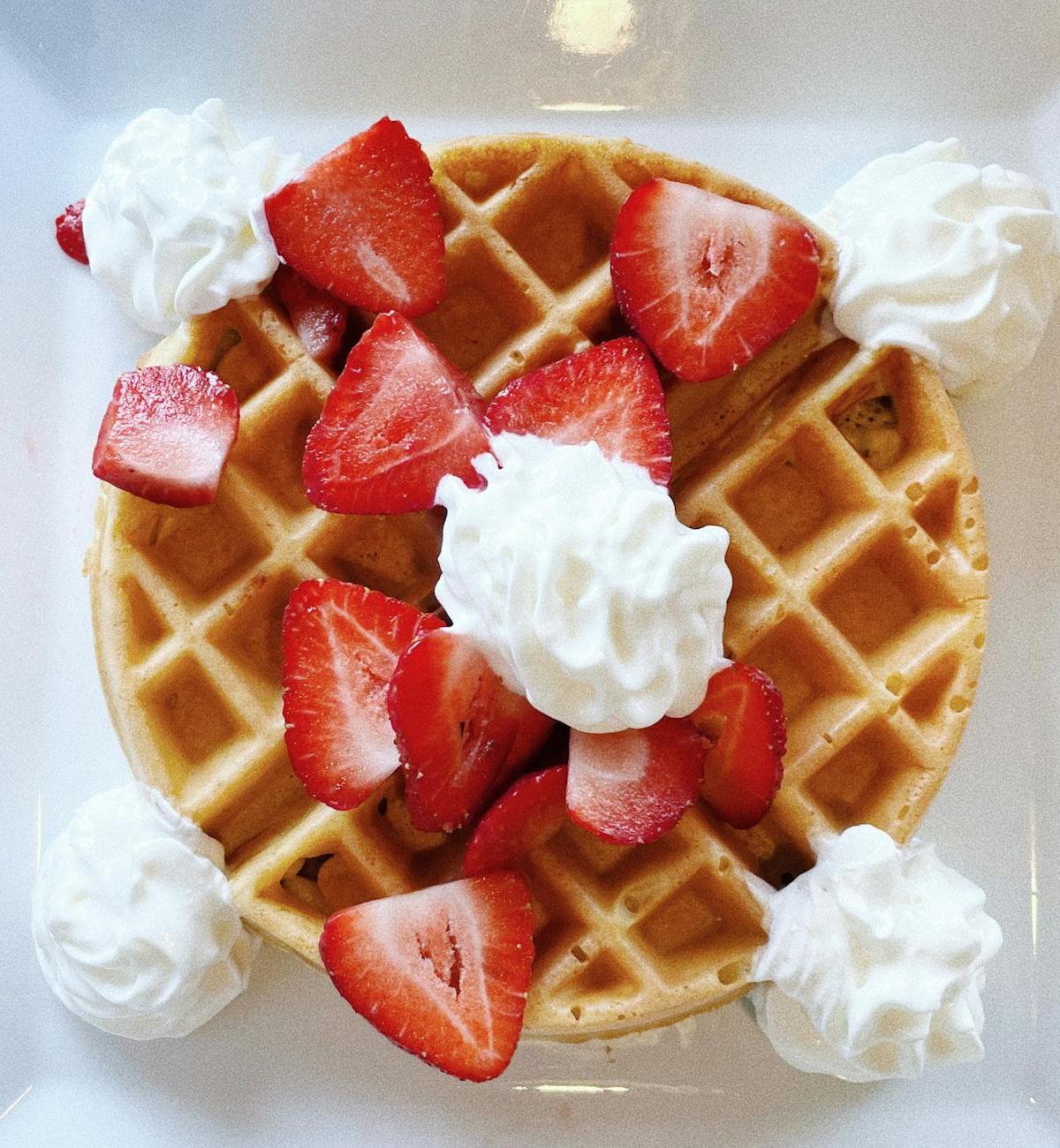 Golden Crispy Waffles with Whipped Cream & Strawberries