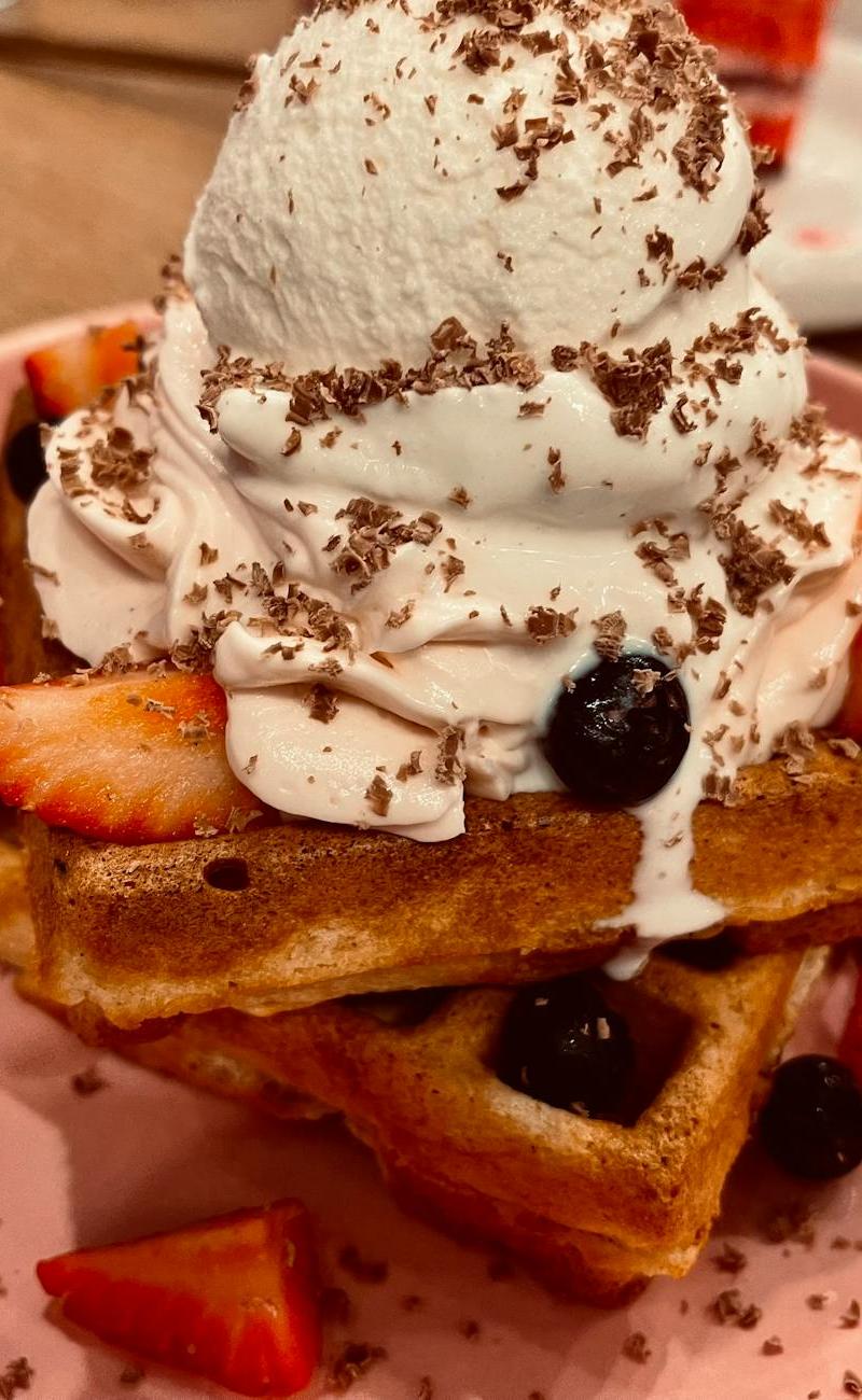 Golden Waffles with Whipped Cream & Strawberries