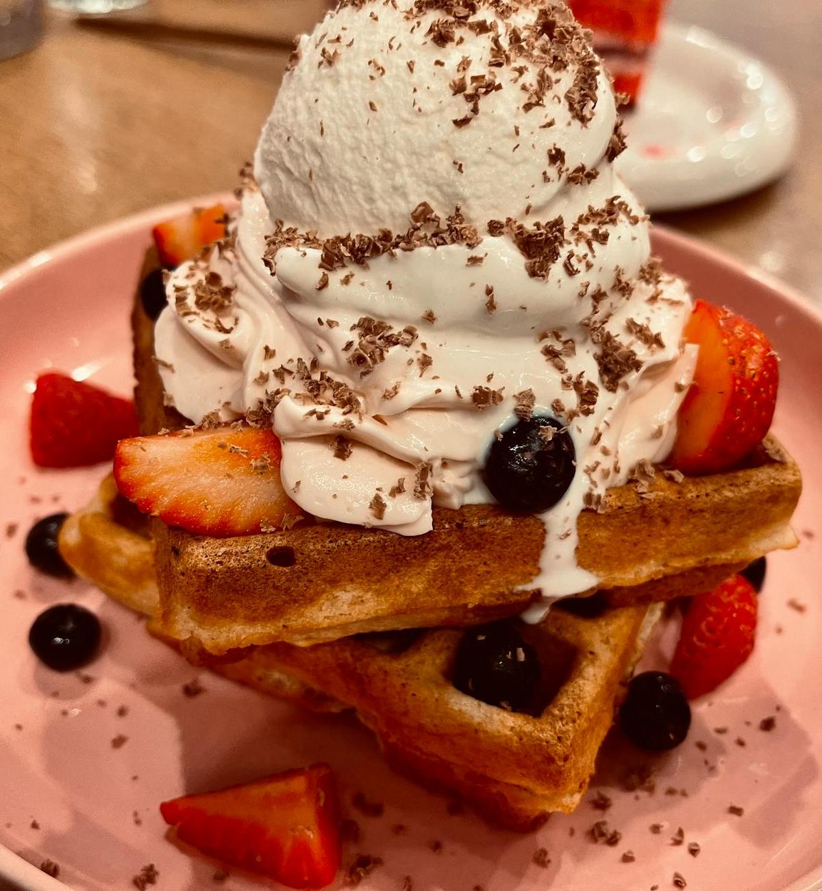 Golden Waffles with Whipped Cream & Strawberries