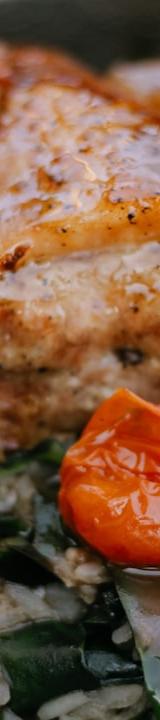 Greek Spinach Rice with Crispy Pork & Roasted Tomatoes