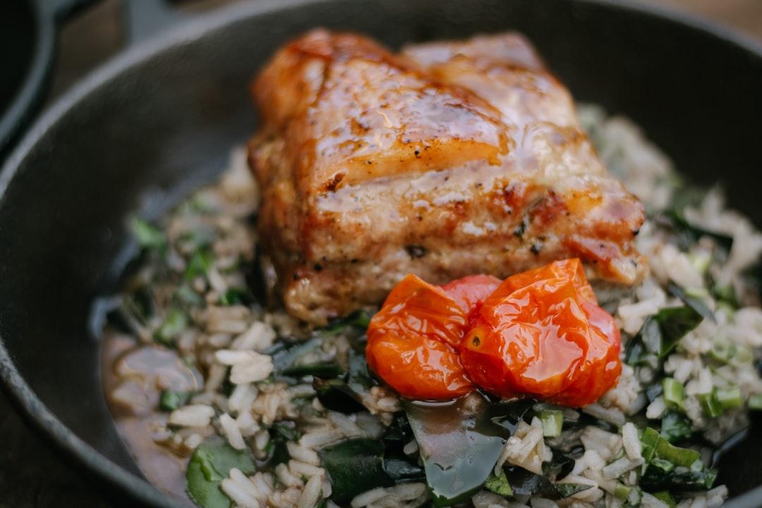 Greek Spinach Rice with Crispy Pork & Roasted Tomatoes