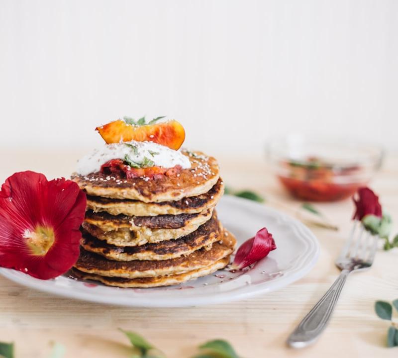Greek Yogurt Pancakes with Peaches & Compote