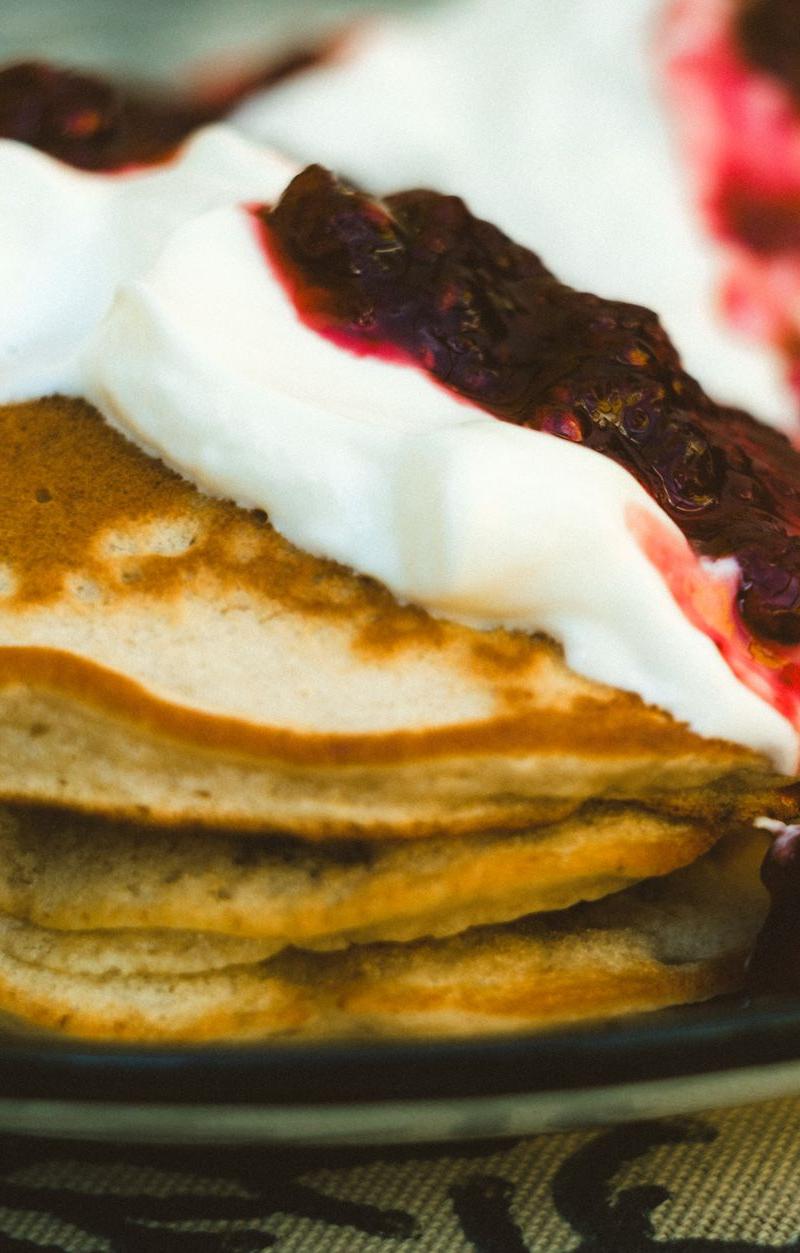 Greek Yogurt Protein Pancakes with Berry Compote