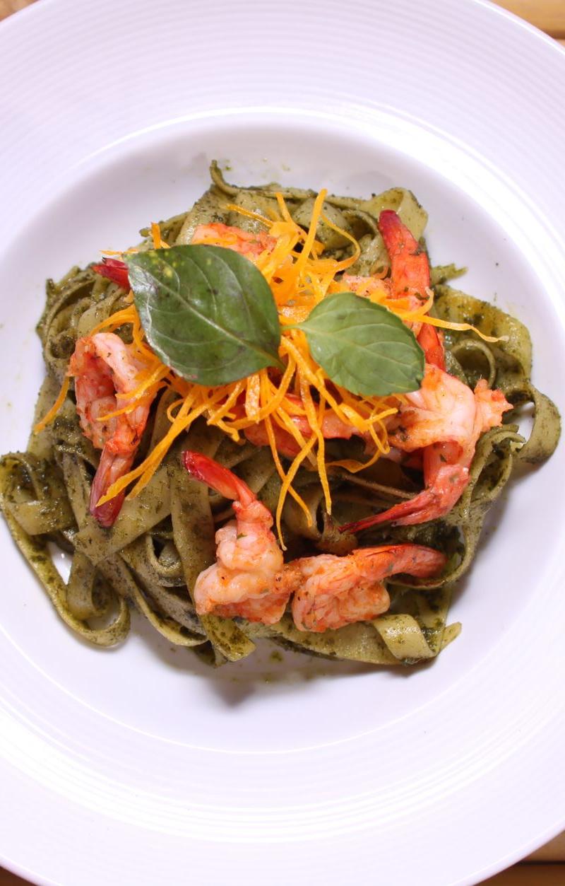 Green Pasta with Crispy Shrimp