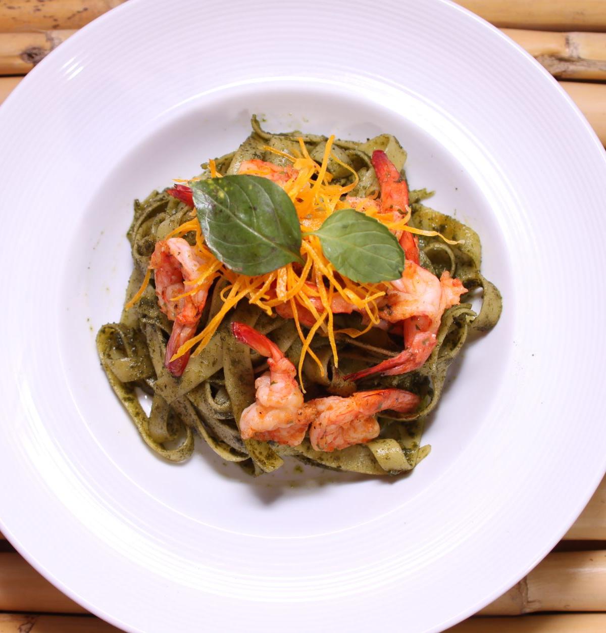 Green Pasta with Crispy Shrimp