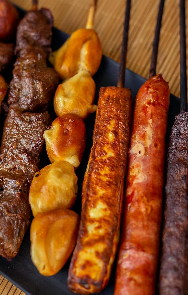 Grilled Beef Anticuchos with Crispy Potatoes & Sauces