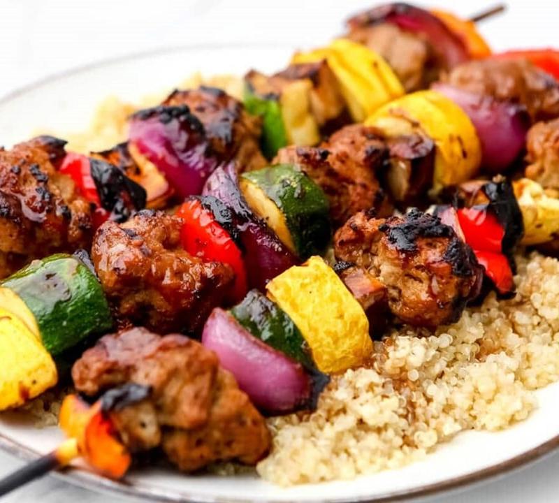 Grilled Beef Kebabs with Tahini & Charred Veg