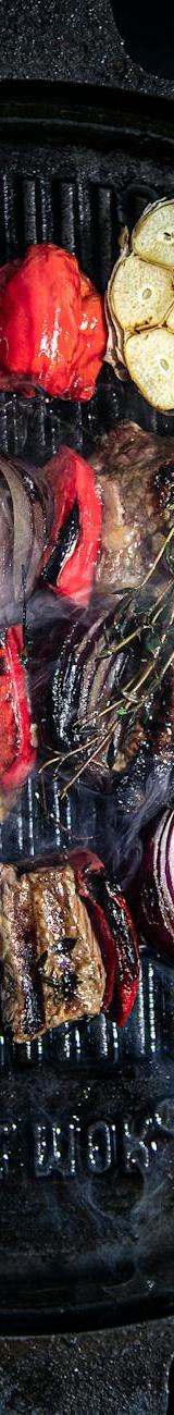Grilled Beef Skewers with Charred Garlic & Peppers