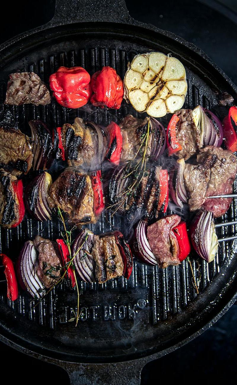 Grilled Beef Skewers with Charred Garlic & Peppers