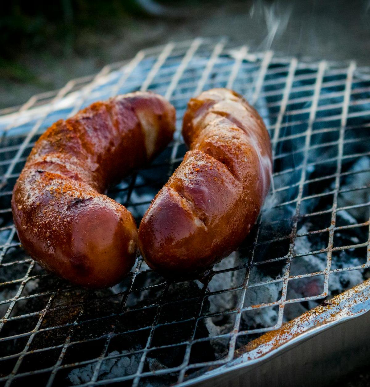 Grilled Kielbasa with Charred Onions & Mustard