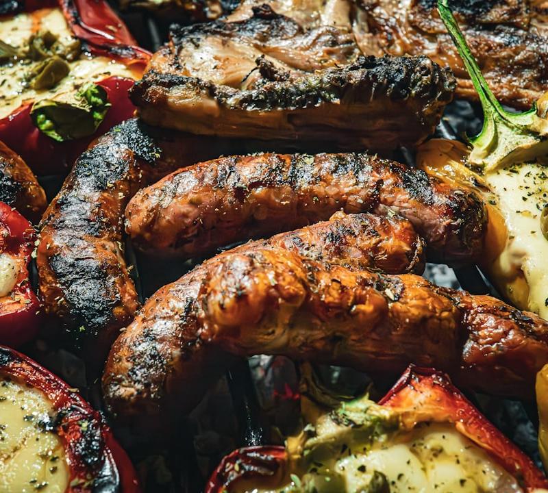 Grilled Loukaniko with Charred Peppers & Pork Chops