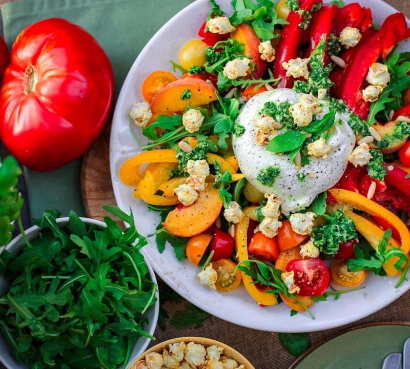 Grilled Peach Burrata with Crispy Popcorn
