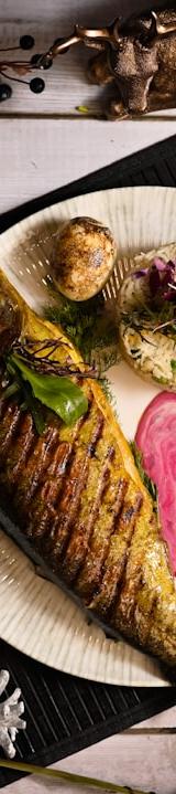 Grilled Sea Bream with Lemon, Roasted Potatoes & Beet Sauce