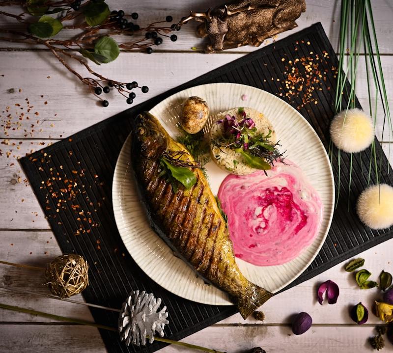 Grilled Sea Bream with Lemon, Roasted Potatoes & Beet Sauce