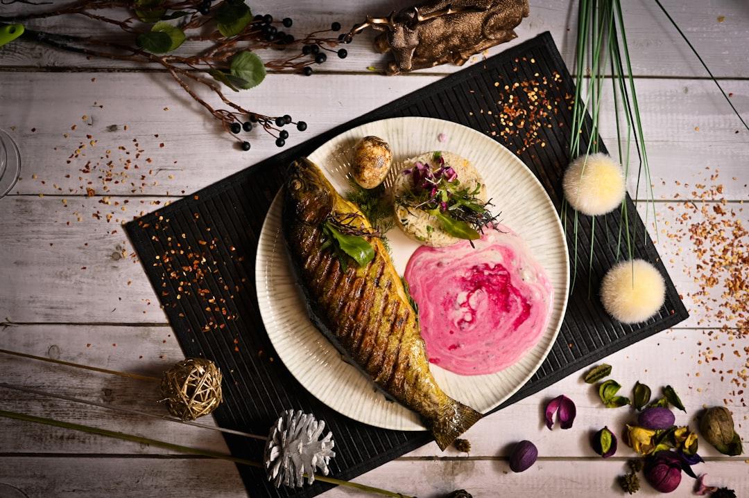 Grilled Sea Bream with Lemon, Roasted Potatoes & Beet Sauce