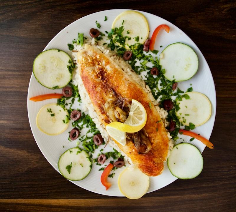 Israeli Grilled Fish with Charred Vegetables & Rice
