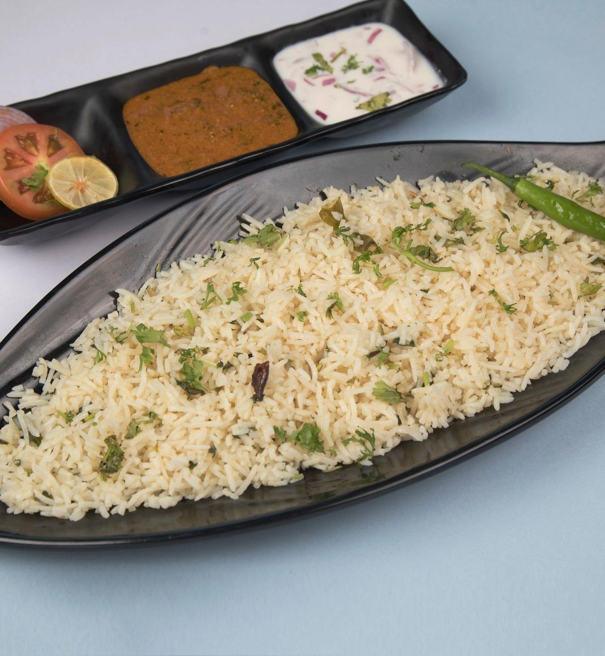 Jeera Rice Bowl with Dal, Raita & Fresh Sides