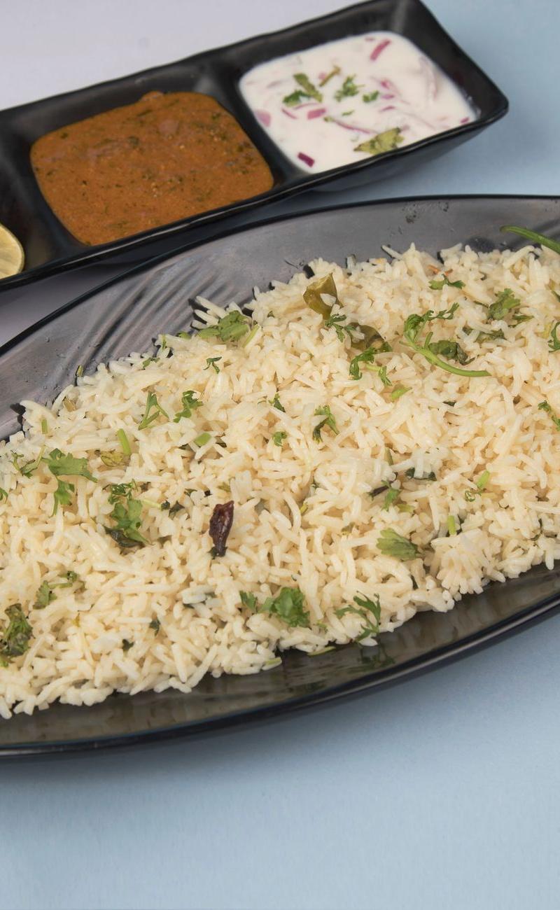 Jeera Rice Bowl with Dal, Raita & Fresh Sides