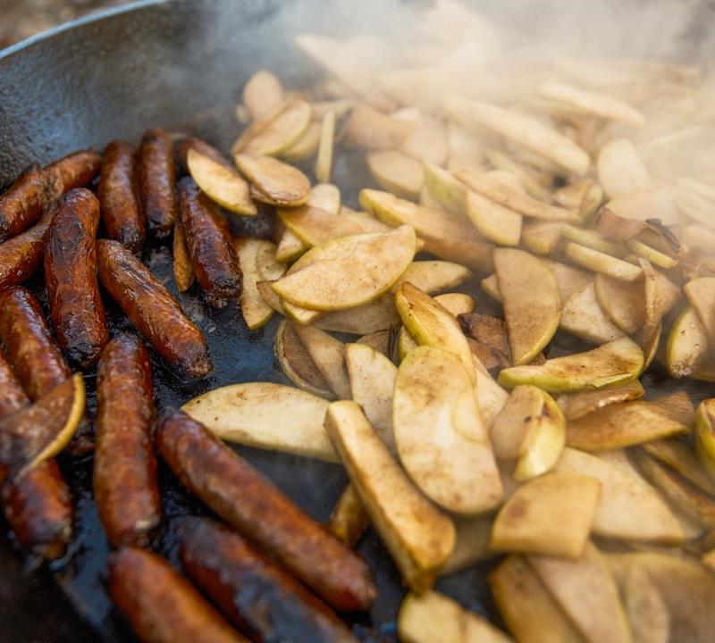 Pan-Fried Krainer Wurst with Onions