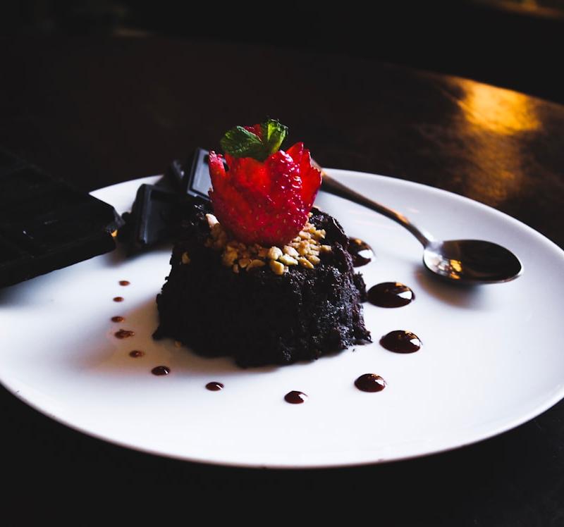 Molten Chocolate Mug Cake with Strawberry & Nut Crunch