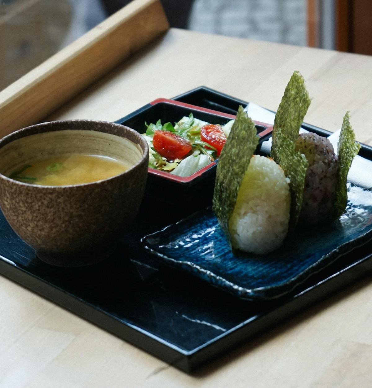 Onigiri Dinner Set — Rice Balls, Miso & Salad