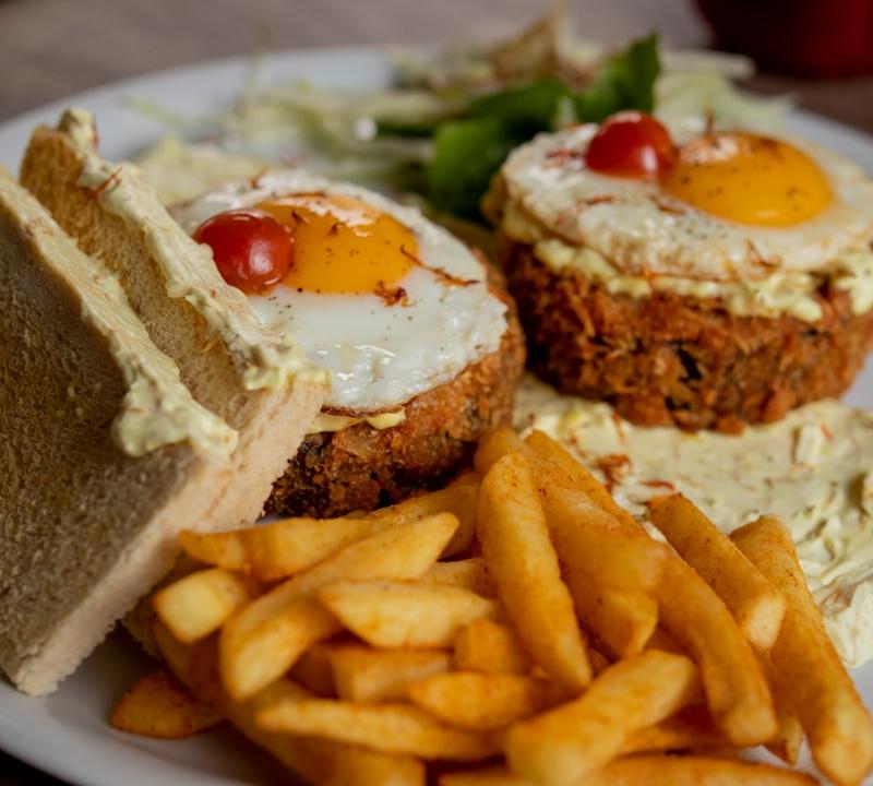 Pan-Fried Leberkäse with Eggs & Fries