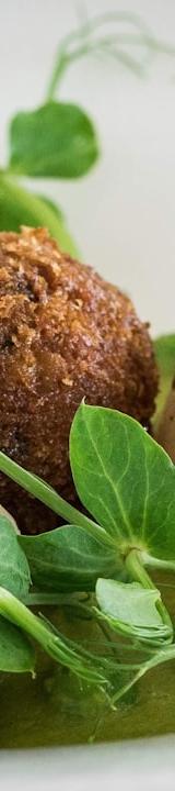 Pan-Seared Scallops with Pea Purée & Croquettes