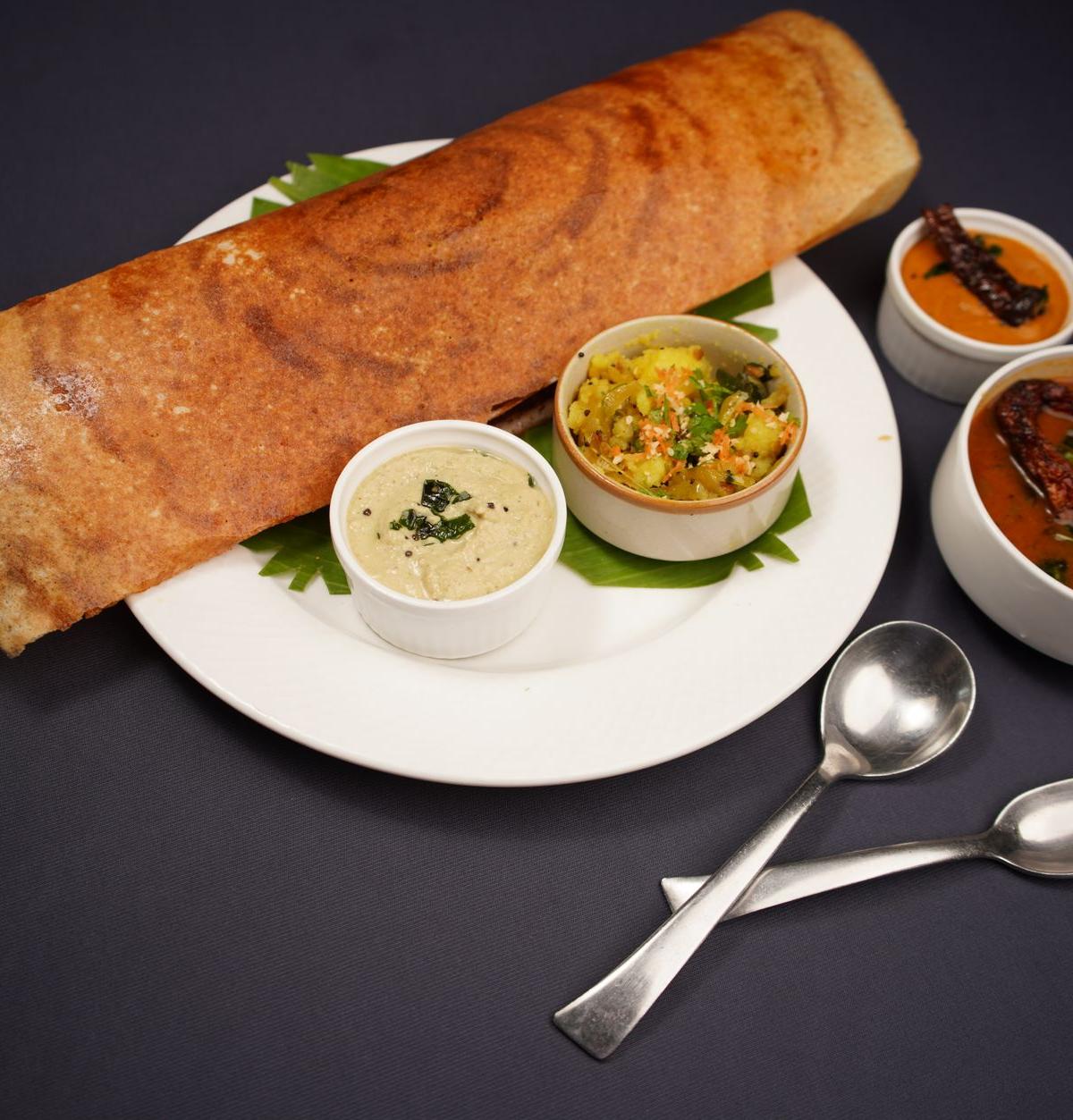 Paper Dosa with Three Chutneys & Sambar