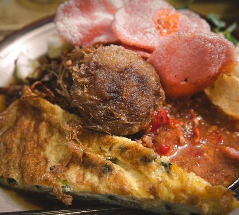 Perkedel Platter with Omelette & Sambal