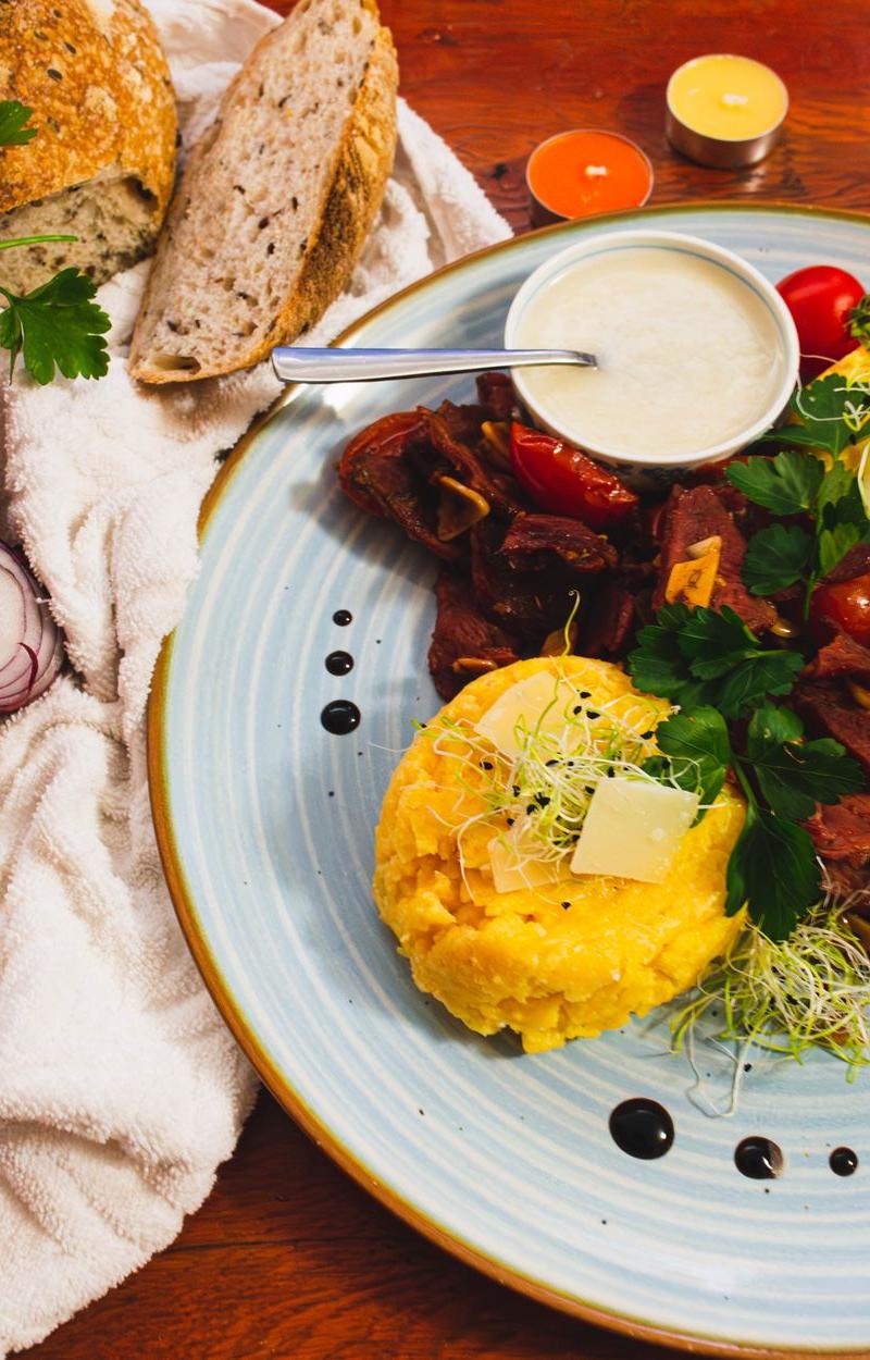 Polenta Taragna Bowl with Seared Beef & Tomatoes