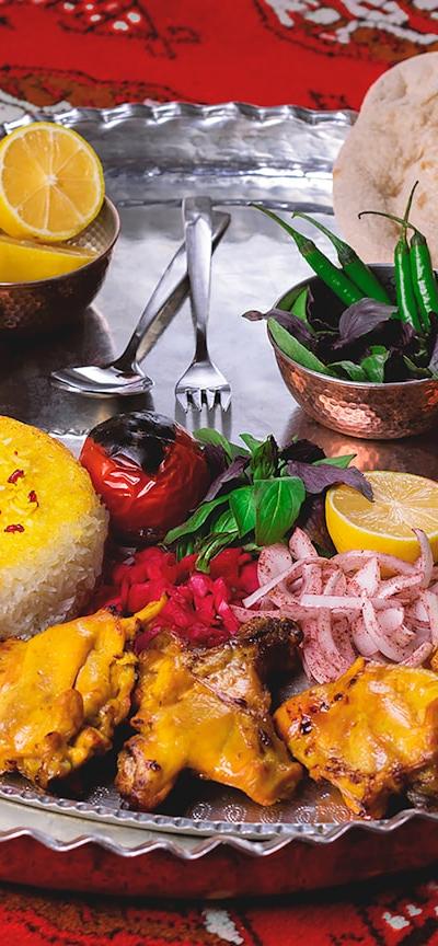 Saffron Joojeh Kabab with Rice & Pickles