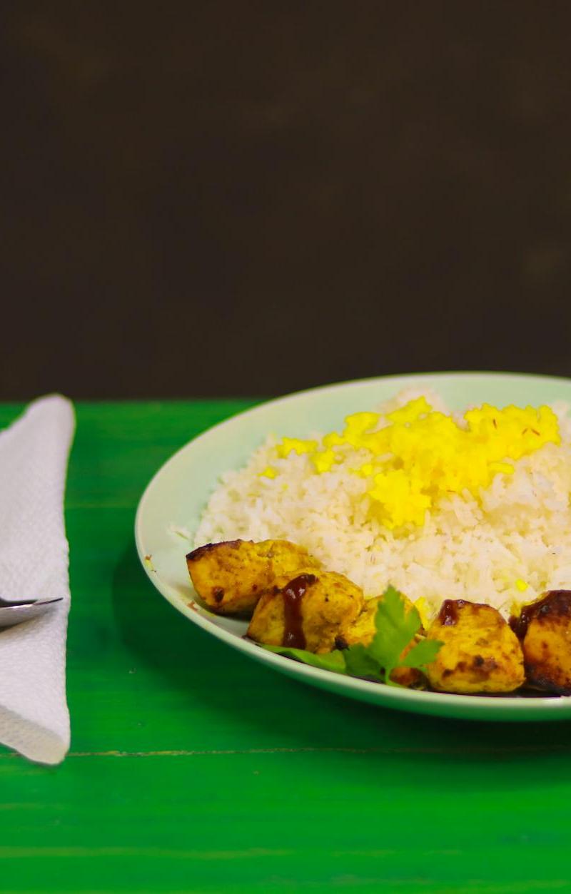 Saffron Joojeh Kabab with Rice & Tomato
