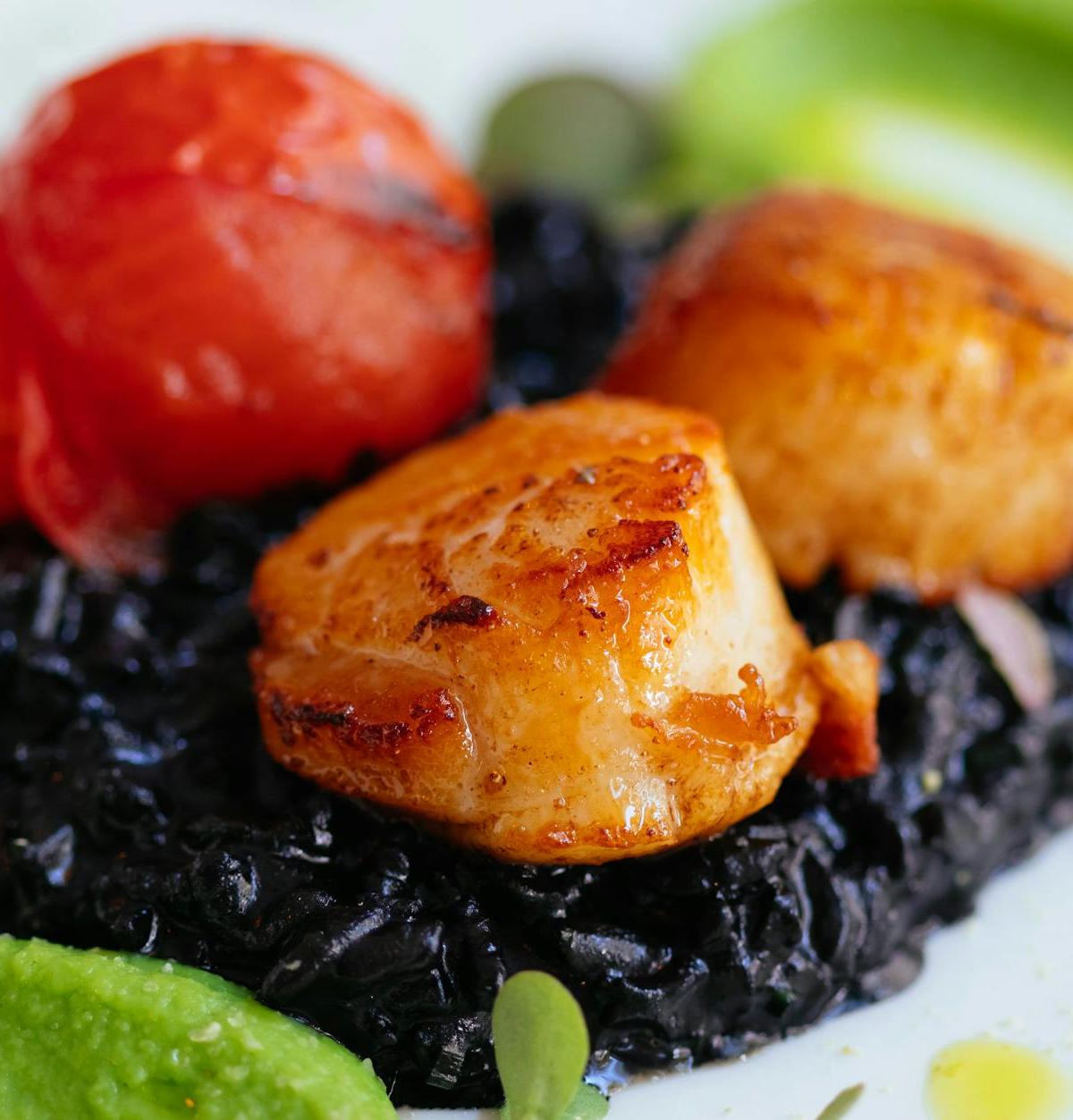 Seared Scallops with Black Risotto & Green Puree