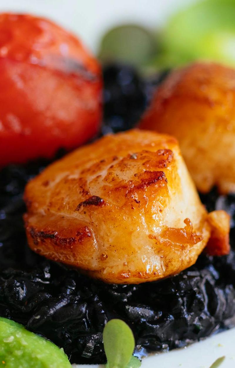 Seared Scallops with Black Risotto & Green Puree