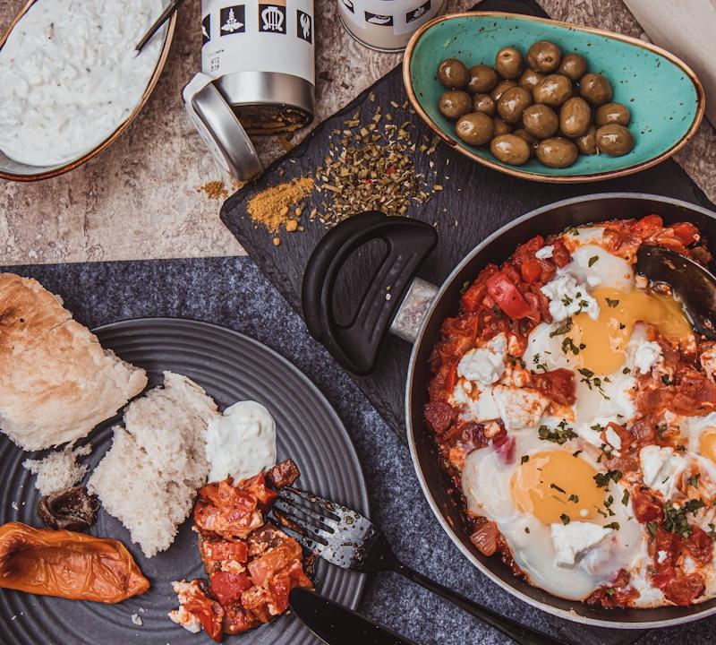 Shakshuka with Crispy Flatbread & Olives