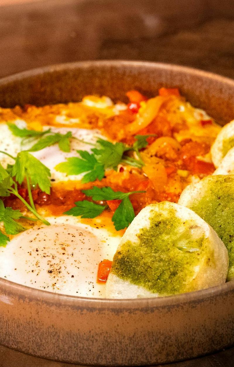 Shakshuka with Pesto Garlic Bread