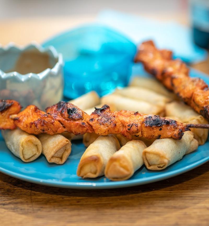 Sheet Pan Chicken Satay with Spring Rolls
