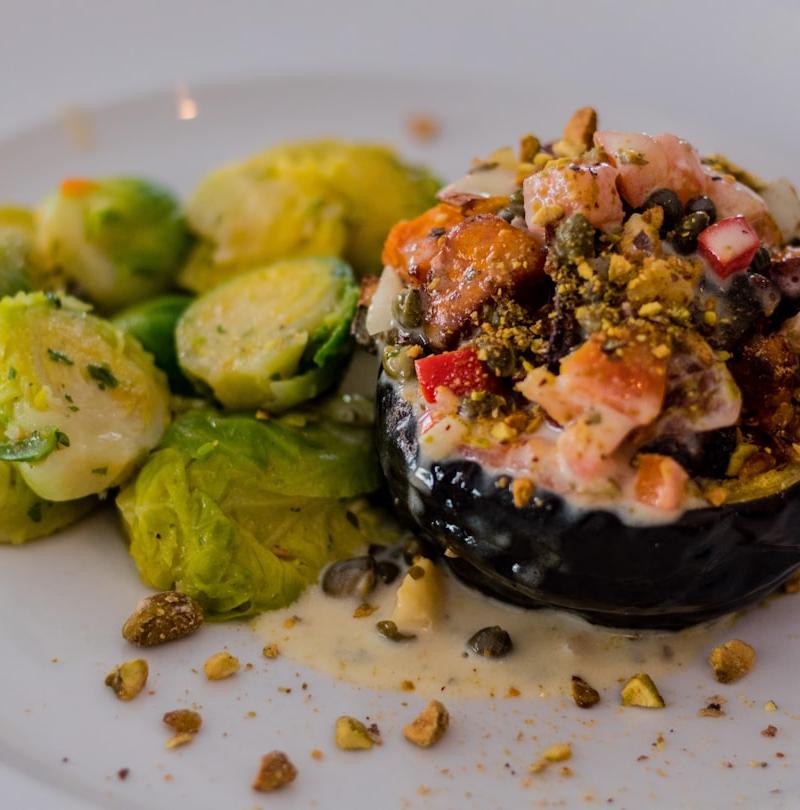 Sheet-Pan Imam Bayildi with Crispy Brussels Sprouts