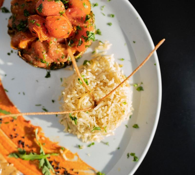 Sheet-Pan Israeli Beef Kebab with Tahini Rice