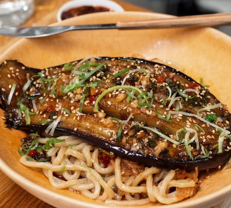 Silky Garlic Chili Eggplant with Noodles