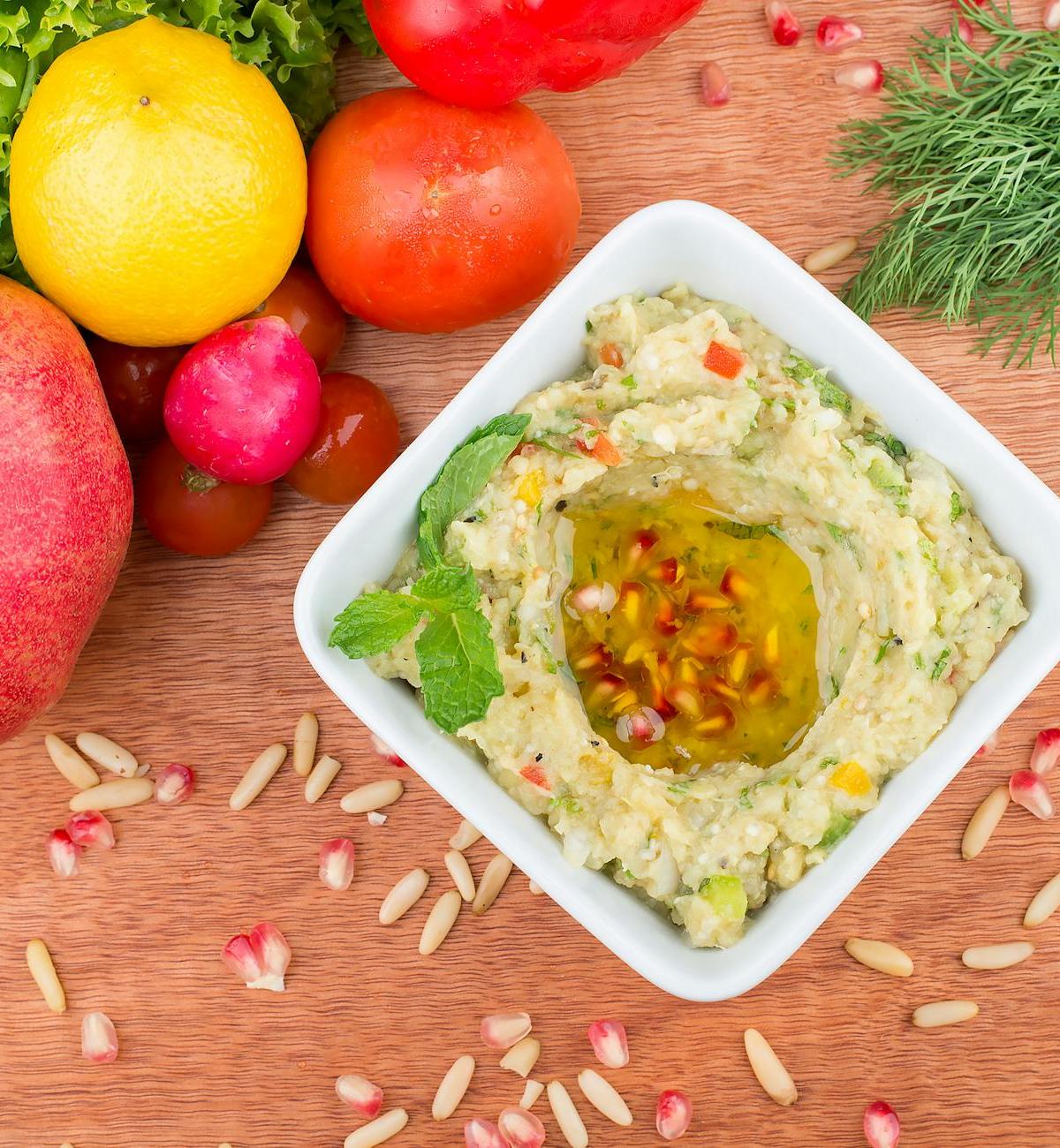 Smoky Eggplant Dip with Pomegranate & Pine Nuts