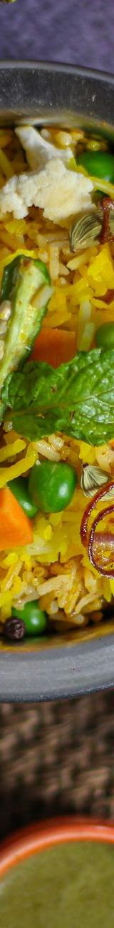 Spiced Vegetable Pulao with Raita & Chutney