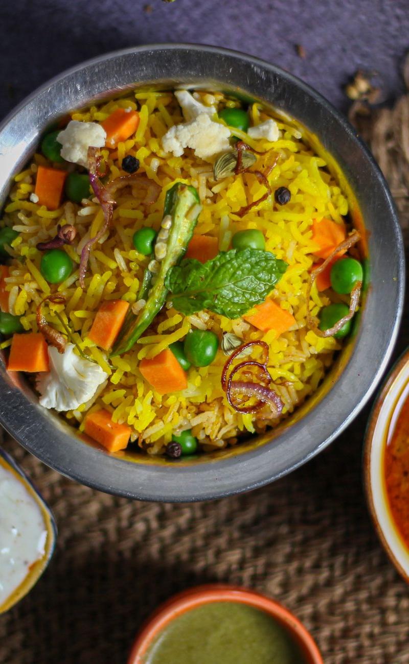 Spiced Vegetable Pulao with Raita & Chutney