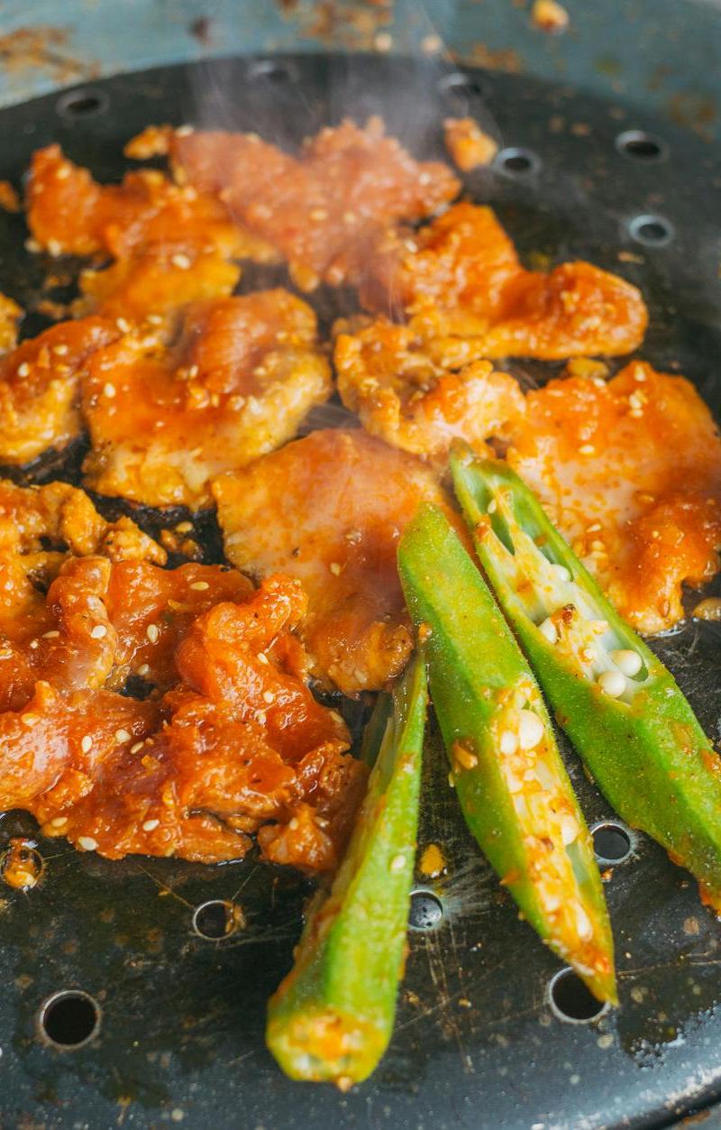 Spicy Duck Bulgogi with Grilled Okra
