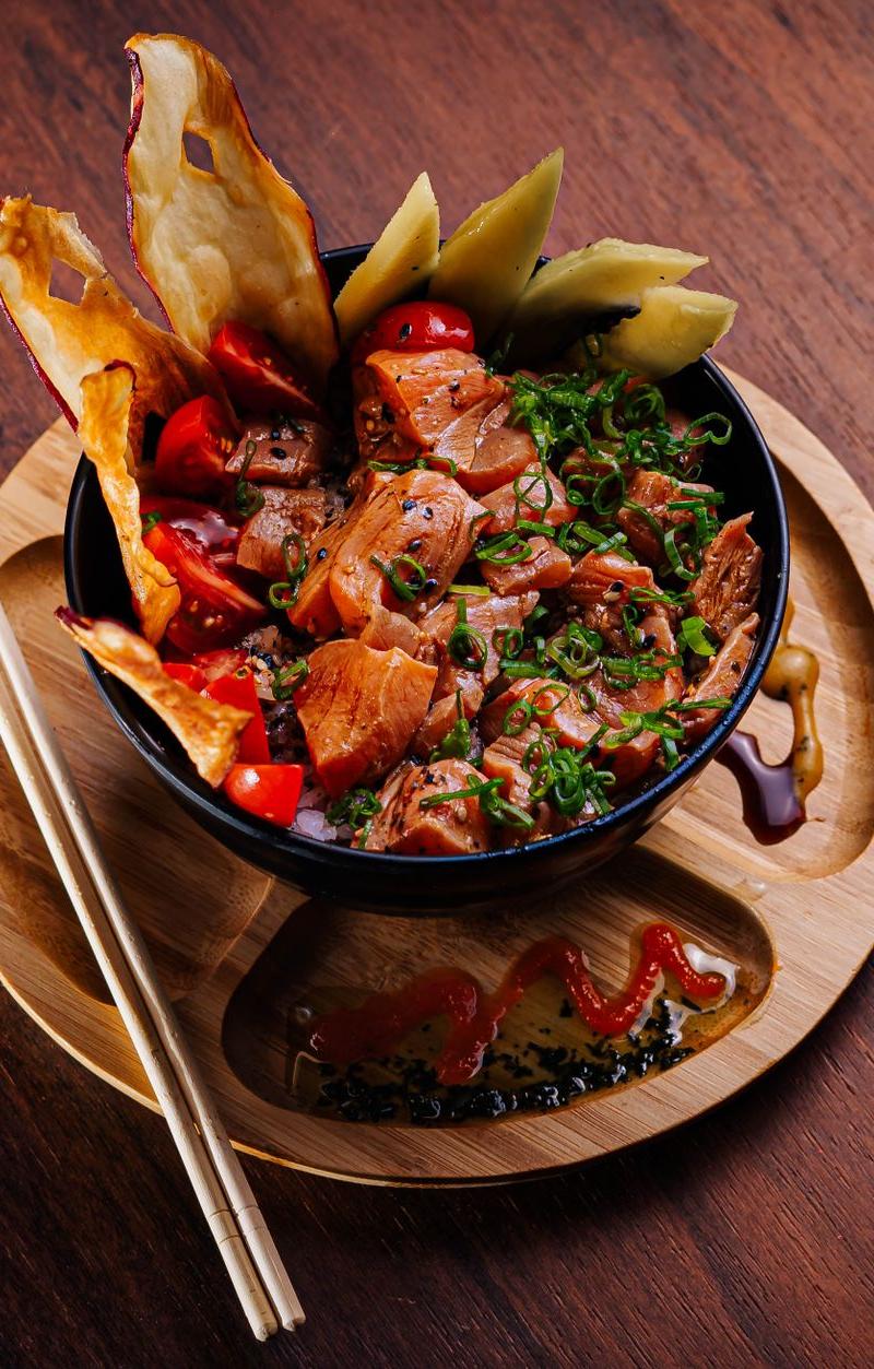 Spicy Salmon Poke Bowl with Crispy Chips