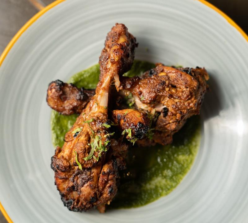 Sticky BBQ Chicken Legs with Cilantro Chutney