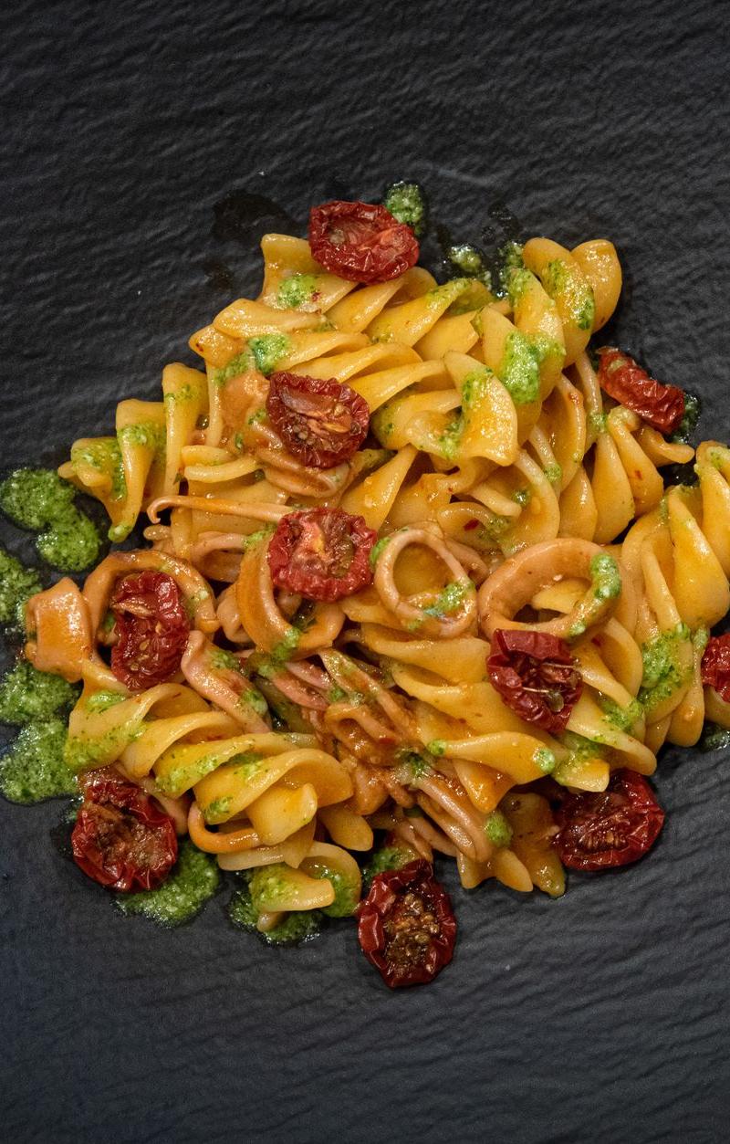 Strozzapreti with Almond-Tomato Pesto