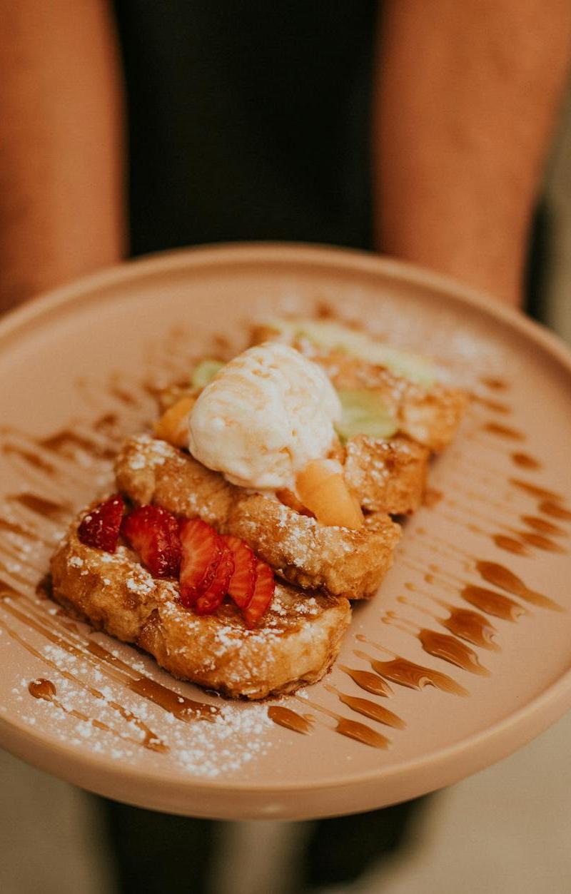 Stuffed Strawberry French Toast with Caramel & Ice Cream