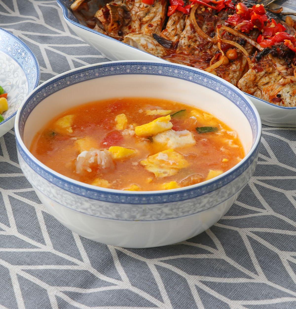 Tomato Egg Drop Soup with Crispy Fish & Veg