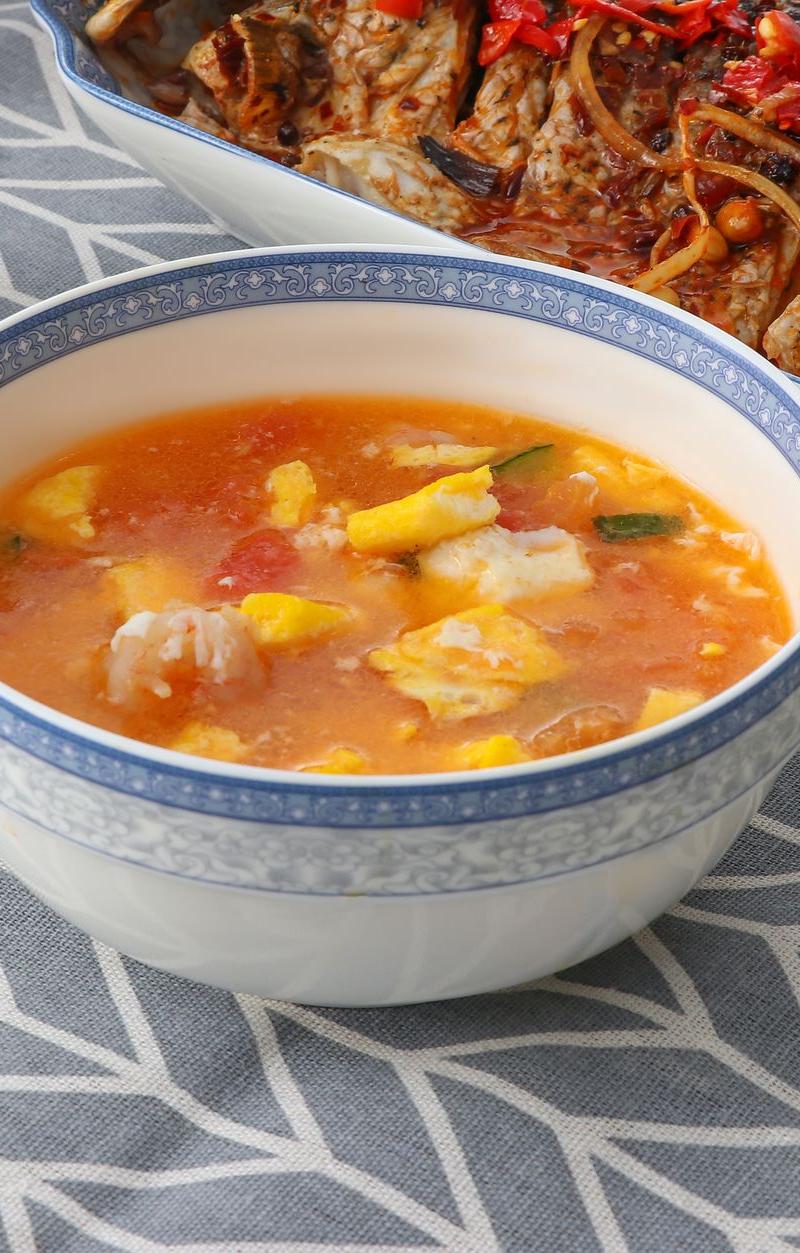 Tomato Egg Drop Soup with Crispy Fish & Veg
